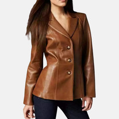 Amara Slim Fit Three-Button Women’s Leather Blazer Jacket