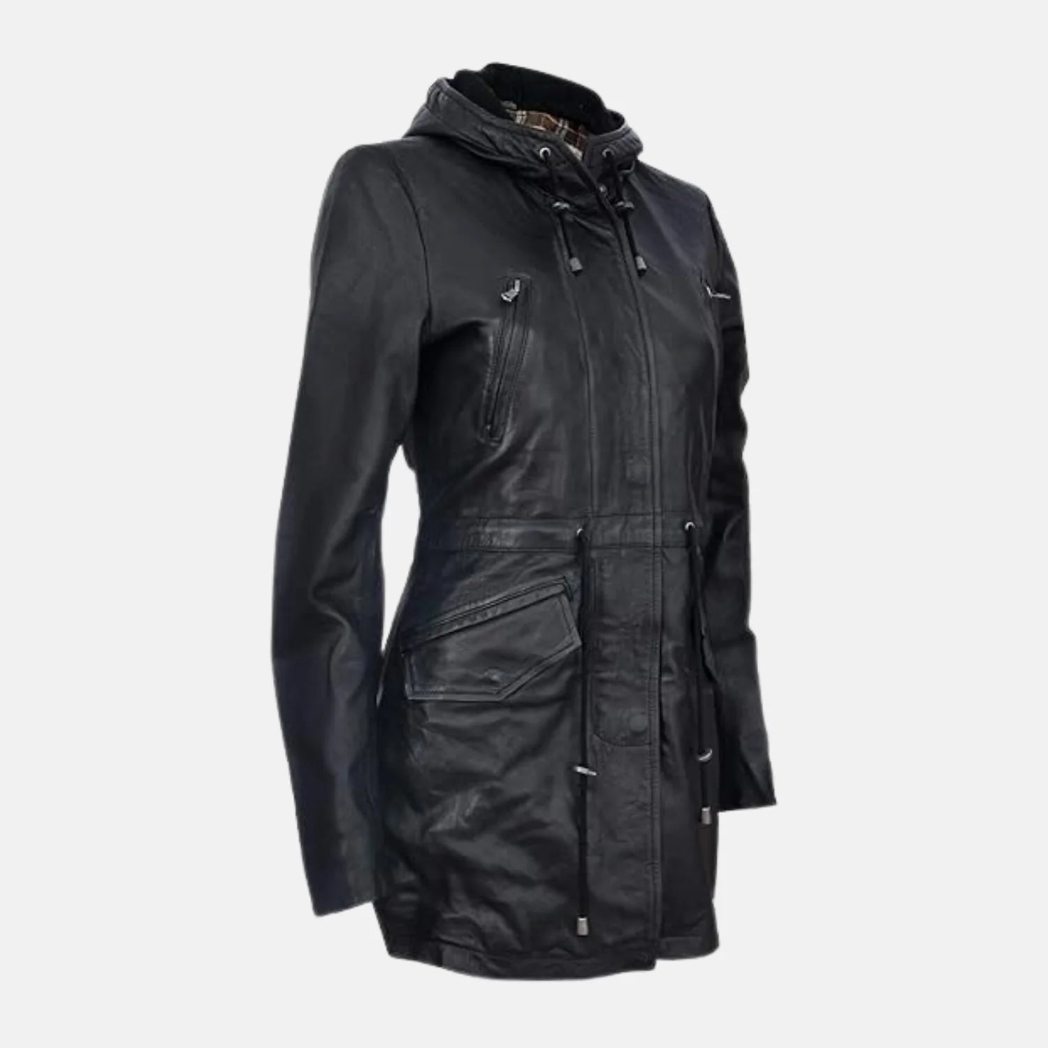 Quilted Women’s Leather Parka Jacket Hooded Trench Style