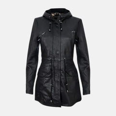 Quilted Women’s Leather Parka Jacket Hooded Trench Style