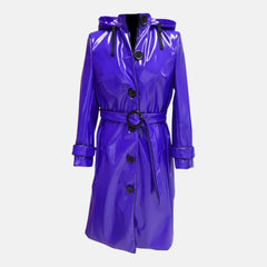 Women’s Stylish Shiny Leather Hooded Long Trench Raincoat