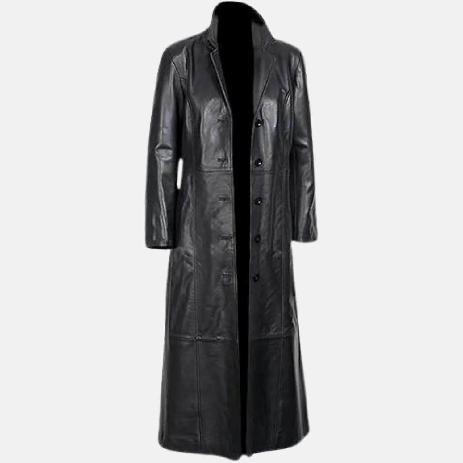Stand Collar Black Leather Trench Coat
