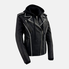 Hooded Moto Leather Jacket for Women