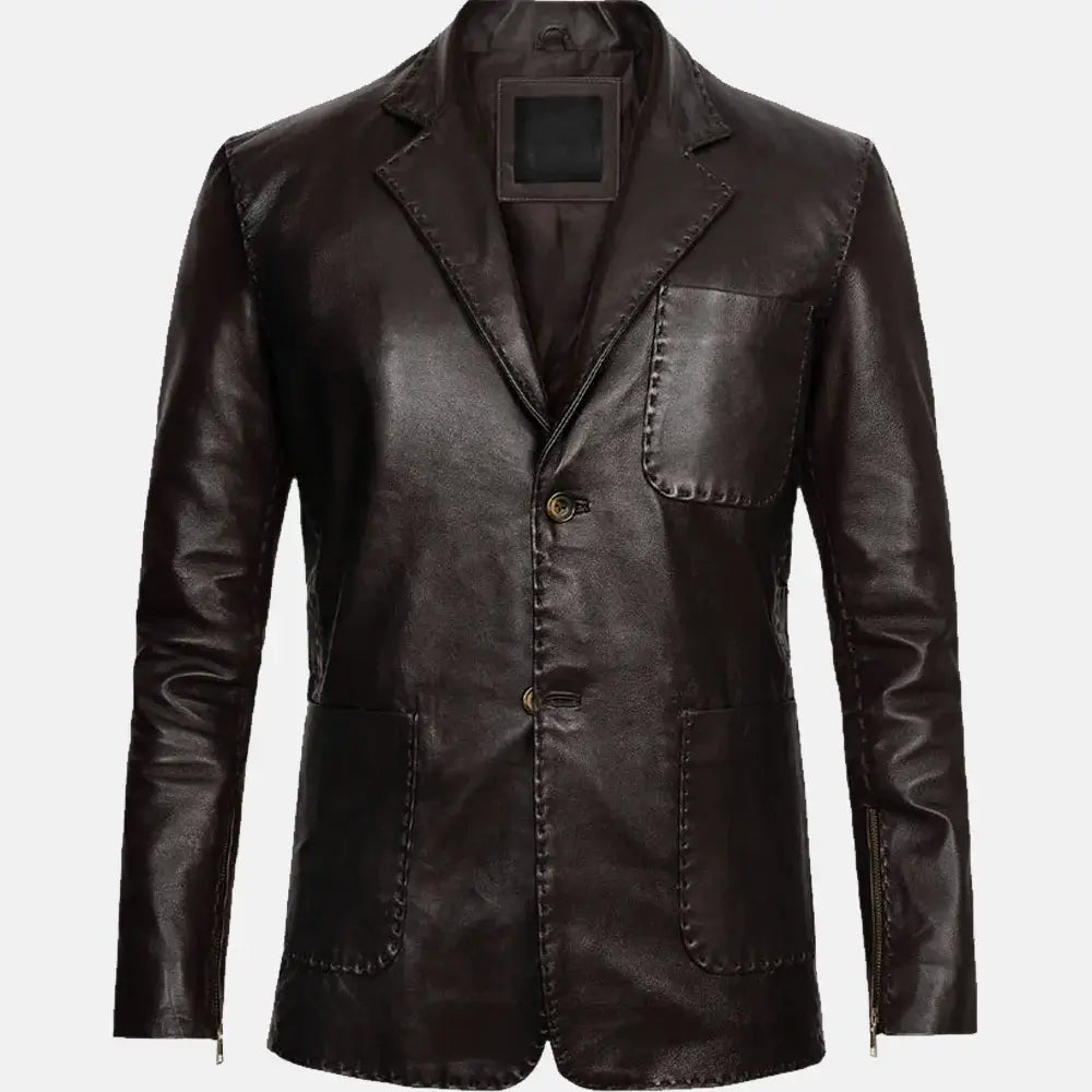 Double Button Phoenix Leather Blazer Jacket