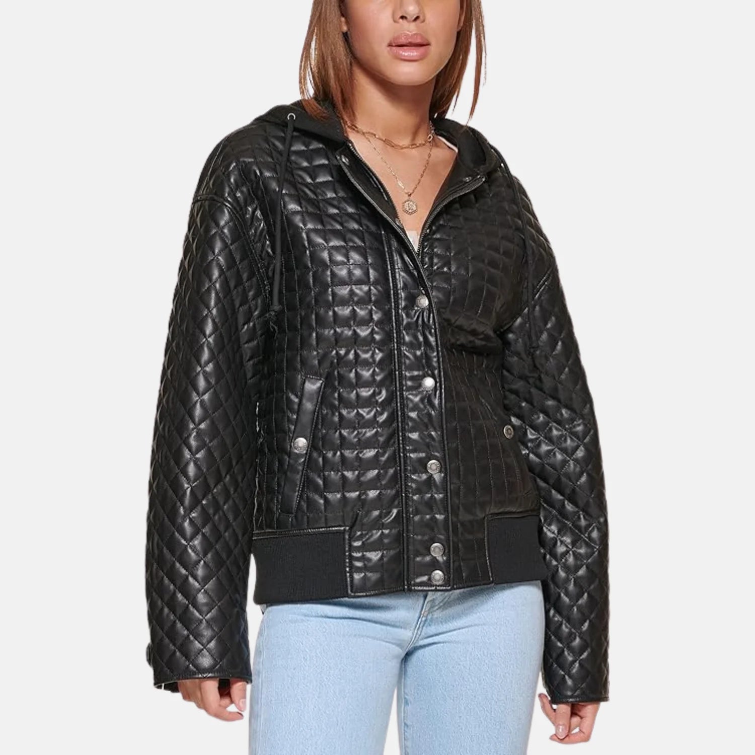 Faux Leather With Jersey Hood Box Quilted Jacket Women