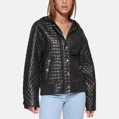 Faux Leather With Jersey Hood Box Quilted Jacket Women