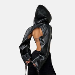 Backless Hooded Leather Shrug Bolero Jacket for Women