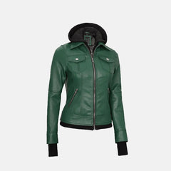 Lyra Lagoon Women's Hooded Leather Jacket with Removable Hood