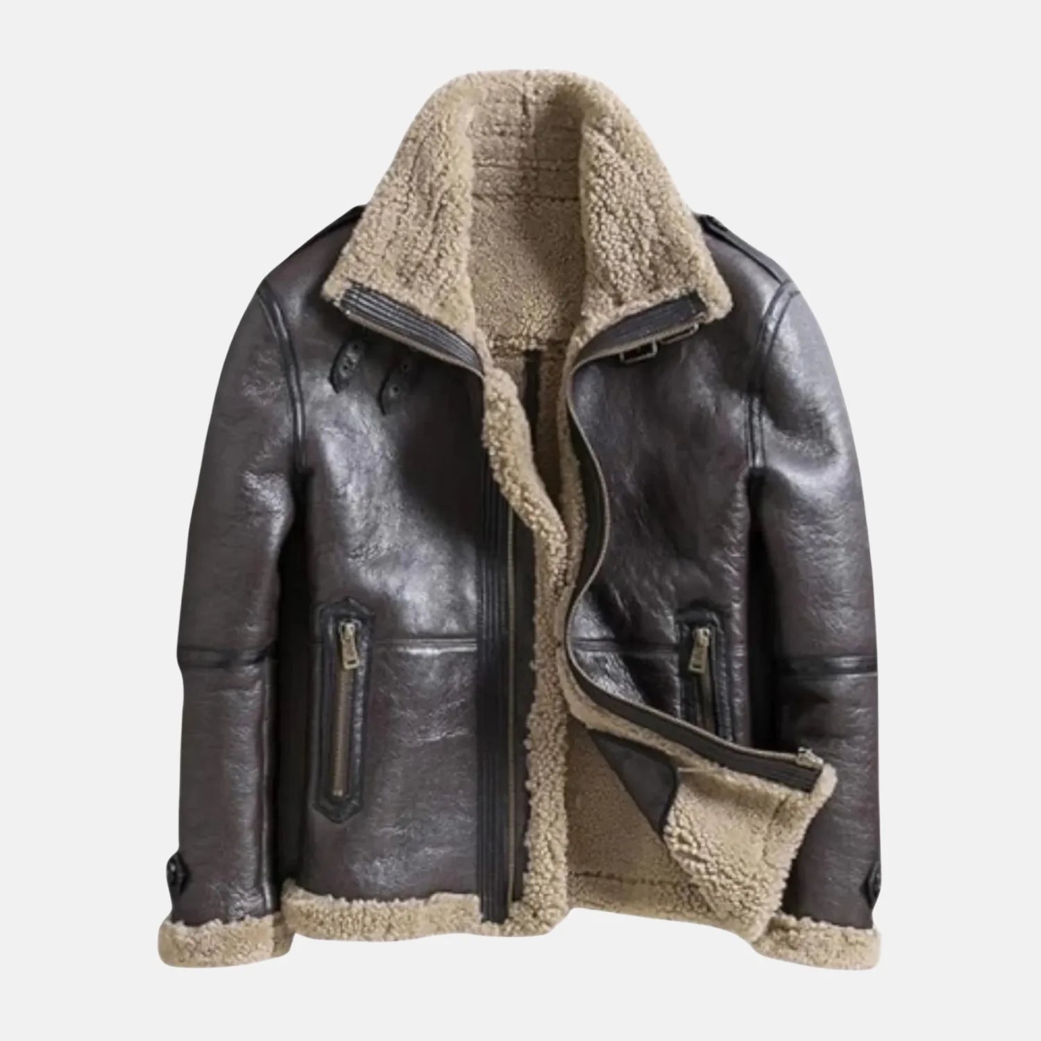 Aviator Shearling Leather Jacket with Detachable Hood