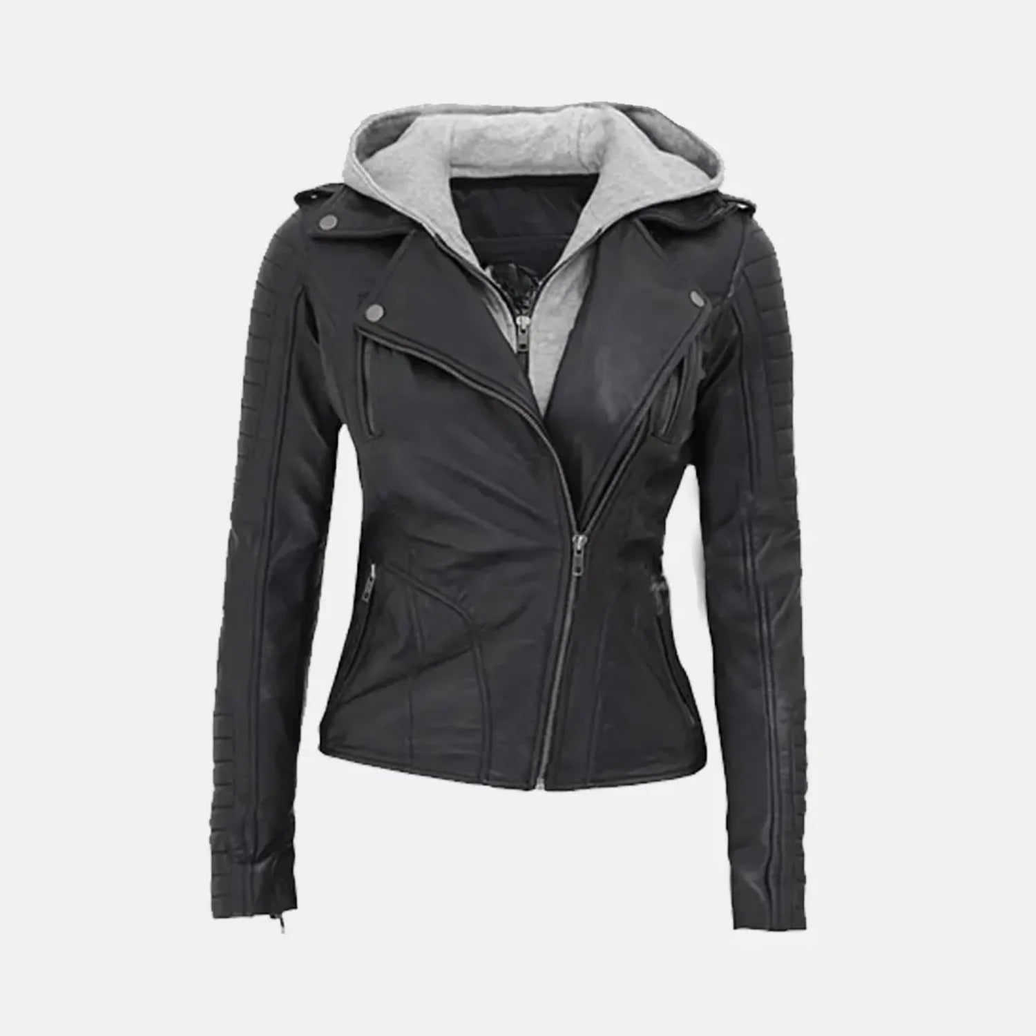 Multi Style Leather Bomber Jacket with Removable Hood | Black