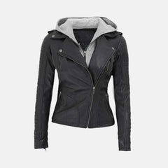 Multi Style Leather Bomber Jacket with Removable Hood | Black