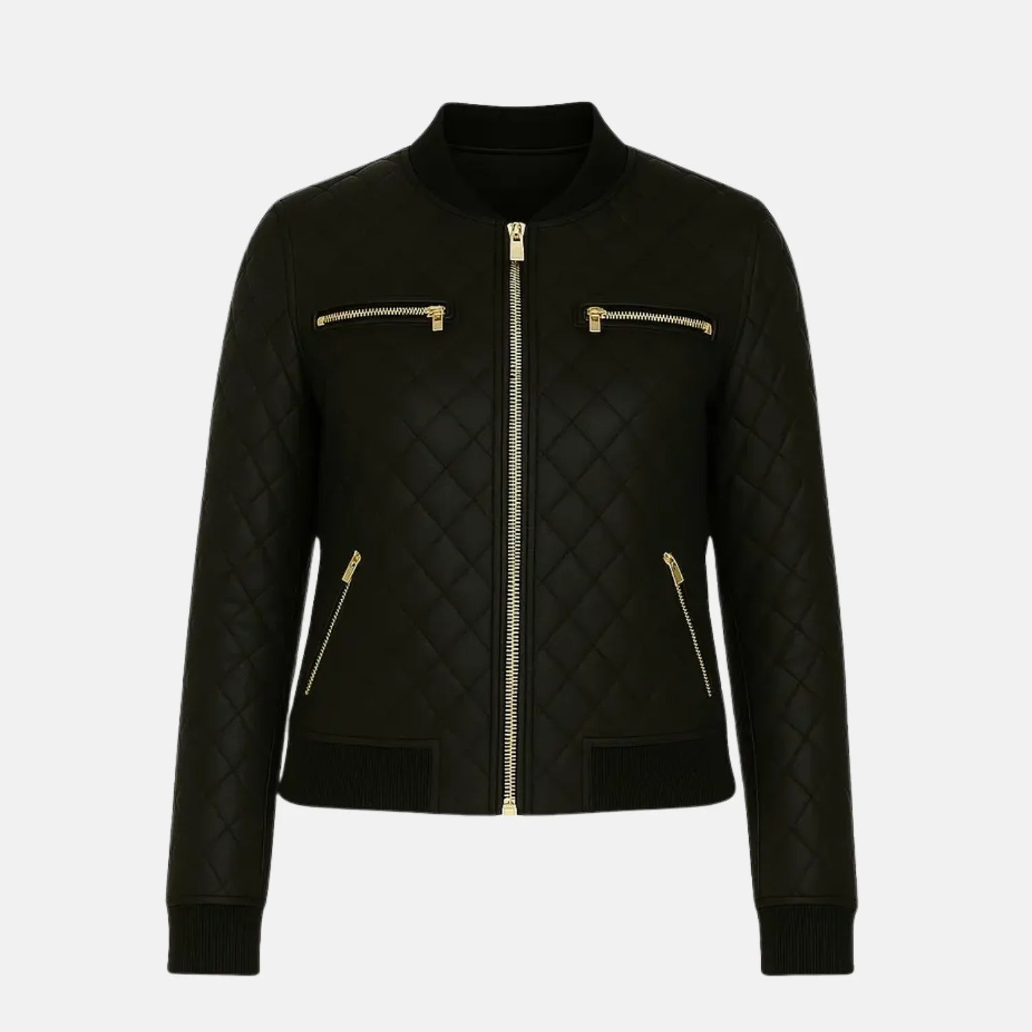 Leather Bomber Slim Fit Moto Style Gold Zippers Quilted Jacket Women