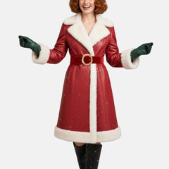 Red Leather Trench Santa Claus Coat Women