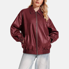 Reida Maroon Leather Bomber Jacket for Women