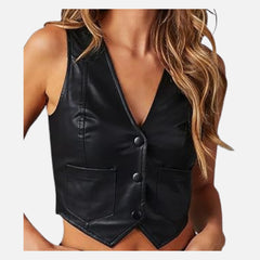 Selene Cropped Sleeveless Vest Button Up Leather Style for Women