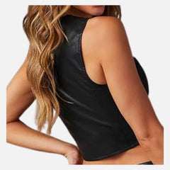 Selene Cropped Sleeveless Vest Button Up Leather Style for Women