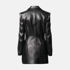 Selene Metal Stitching Studded One Button Women’s Leather Blazer Jacket