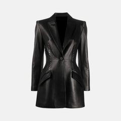 Selene Metal Stitching Studded One Button Women’s Leather Blazer Jacket