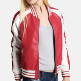 Rib Knit Collar White Strips Bomber Baseball Varsity Jacket Women