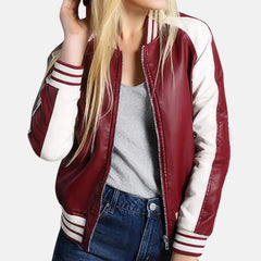 Rib Knit Collar White Strips Bomber Baseball Varsity Jacket Women