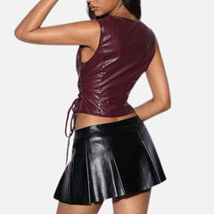 Sophia Women’s Leather Vest Top Sexy Vintage Lace Up V Neck Crop
