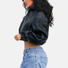 Women’s Zip Up Hooded Leather Jacket Streetwear Look
