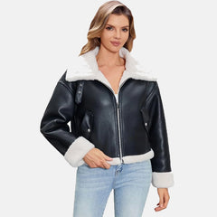Faux Fur Leather Bomber Jacket for Women
