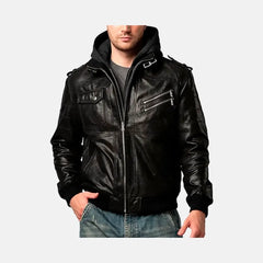 Asphalt Mens Leather Motorcycle Jacket with Removeable Hood