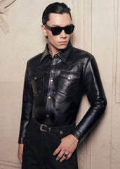 Black Lambskin Leather Western Shirt for Men