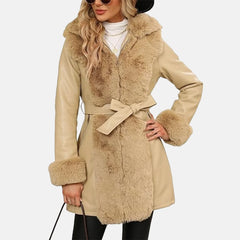 Elegance Women Furry Long Leather Coat