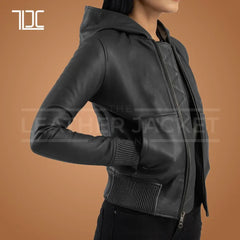 Emberlyn Hooded Leather Bomber Jacket Womens - The Leather Jacket Company