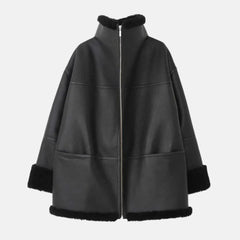  Faux Leather Fur Shearling Aviator Jacket