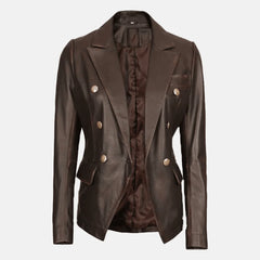 Lavinia Luster Double-Breasted Brown Leather Blazer