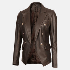 Lavinia Luster Double-Breasted Brown Leather Blazer