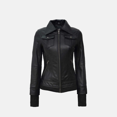 Skyline Leather Bomber Women's Hooded Jacket | Black