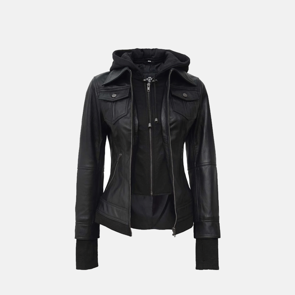 Skyline Leather Bomber Women's Hooded Jacket | Black