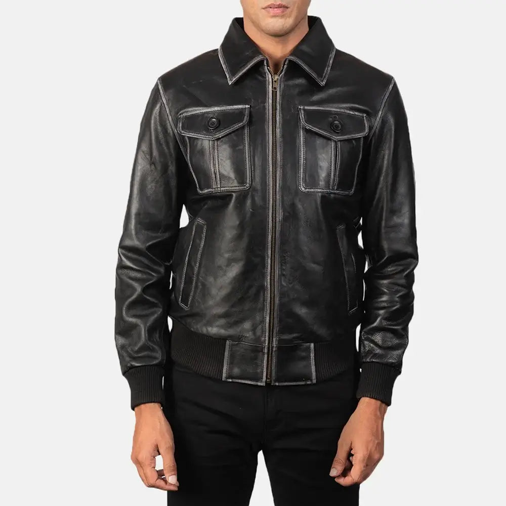 Urban Leather Bomber Jacket For Men | Black